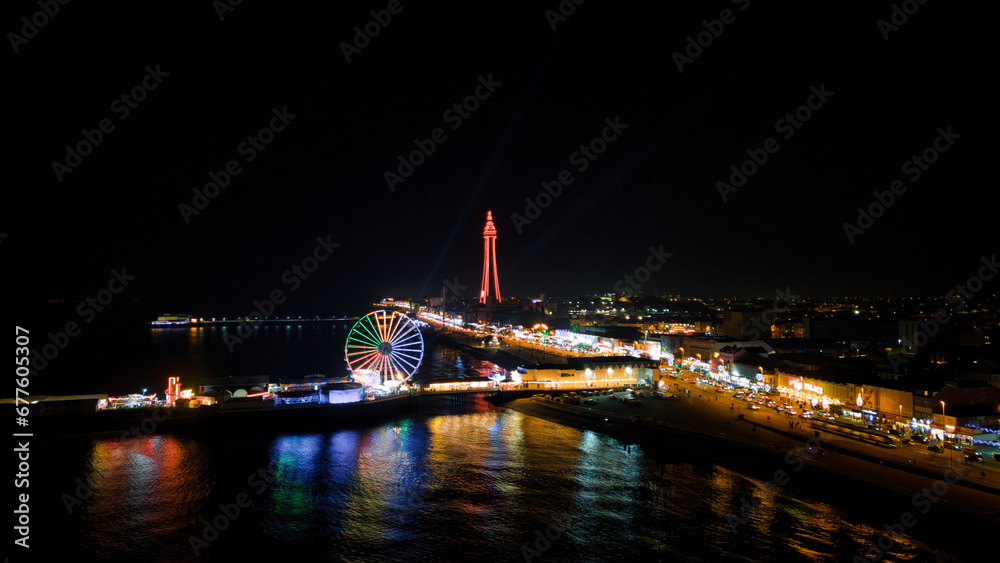Scenic aerial photo of the city Blackpool at night