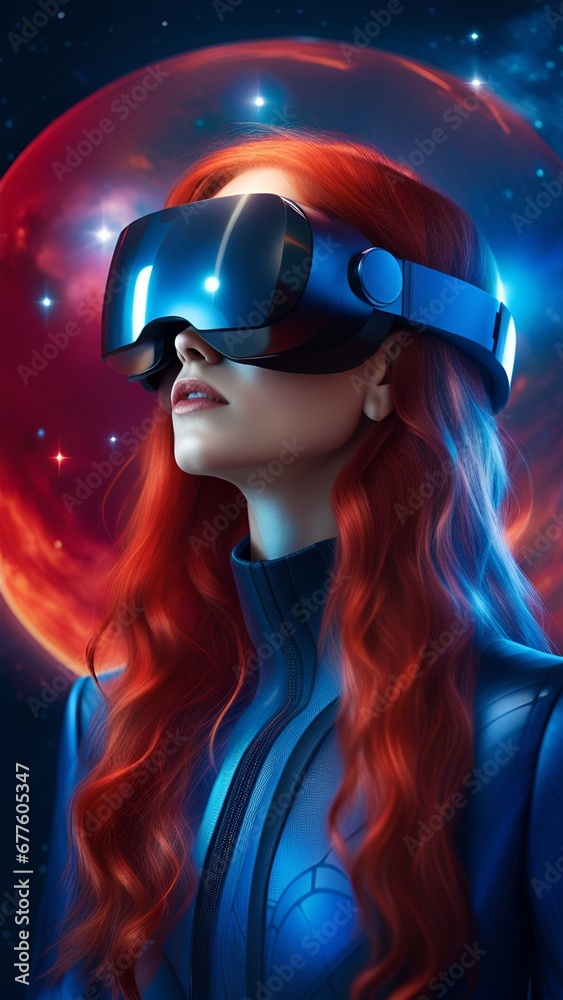 woman searching for new worlds in virtual reality, futuristic scenery, generative ai illustration woman searching for new worlds in virtual reality, futuristic scenery, generative ai illustration
