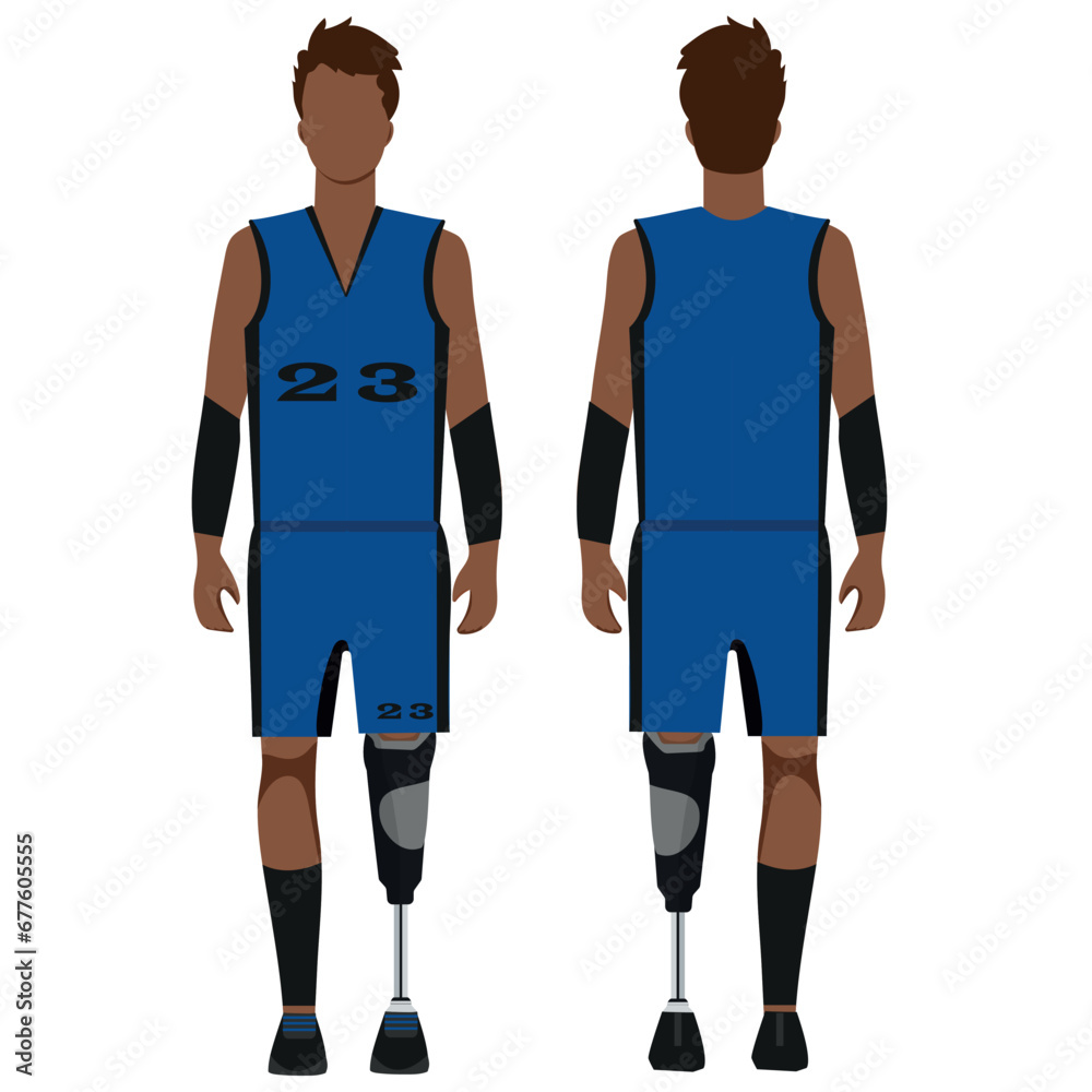 black athlete in blue basketball uniform, front and back view, with prosthetic legs, vector illustration