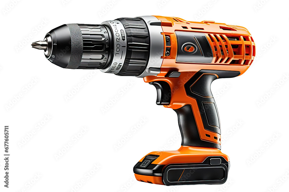 Red cordless drill with black decorative trim, isolated on PNG Background. Generative Ai.