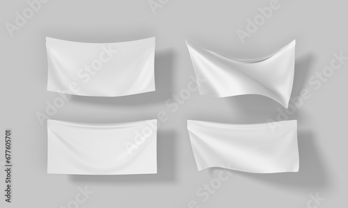 Fototapeta Naklejka Na Ścianę i Meble -  White flags mockup, pennants waving in wind 3d render icon set. Blank fabric horizontal banners for advertising. Realistic festival rectangle textile template isolated on background. 3D illustration