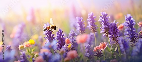 In the summer garden the vibrant colors of the floral landscape create a mesmerizing background while bumblebees buzz around collecting honey from the lavender plants in the field and fillin photo