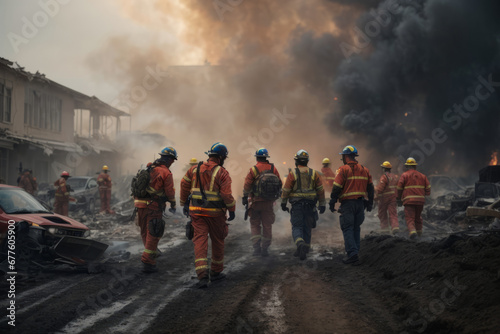 Rescue service in emergency situations. Firefighters and rescue in uniform work during a accident at the scene of an accident and a fire with smoke, rear view