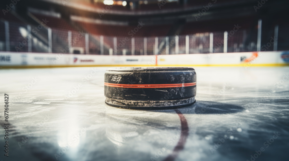Close up hockey puck on an indoor ice rink with space for copy - obrazy, fototapety, plakaty 