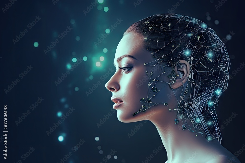 A symbolic concept image of AI technology fused with a human robot brain.by Generative AI.