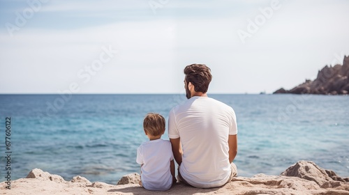 father with his son relaxing by the sea and enjoying a day on the shore