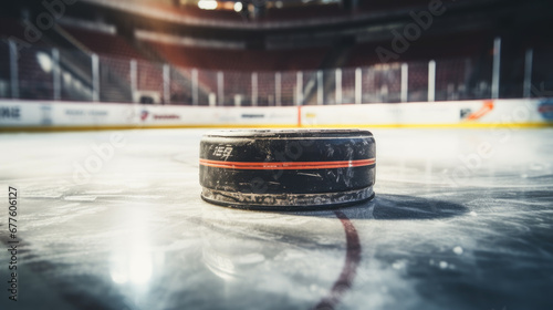 Close up hockey puck on an indoor ice rink with space for copy