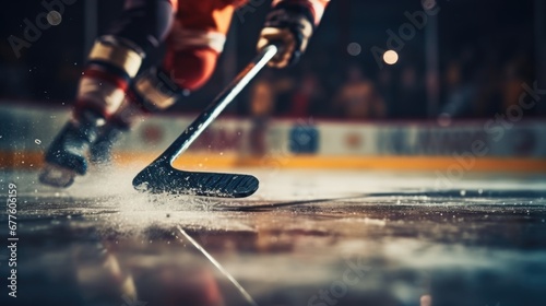 Close up of a hockey with stick on the rink in position to hit the hockey puck