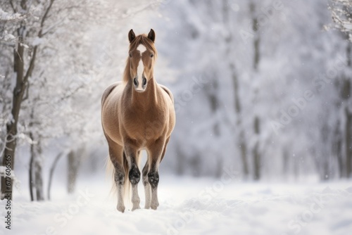 A horse in the snow. A robust equine standing in a forest covered with pristine snow  copy space