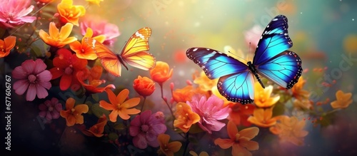 In the vibrant and colorful garden adorned with flowers and lush green foliage a butterfly fluttered gracefully amidst the magnificent display of nature s beauty © TheWaterMeloonProjec