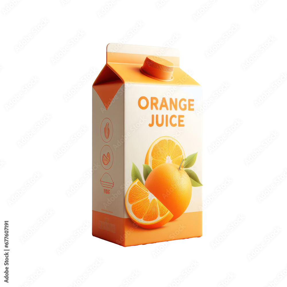 Orange juice carton box isolated on white transparent background, PNG - obrazy, fototapety, plakaty 