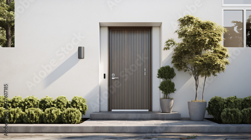 Modern house exterior with gray door and potted flower photo