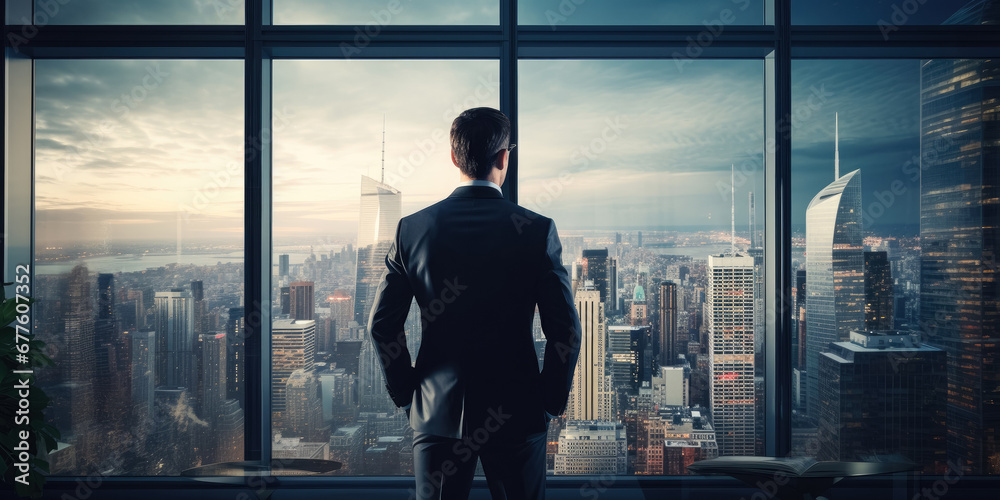 Fototapeta premium A businessman from behind looking over the skyline
