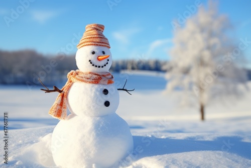 A snowman in a scarf and hat on the background of a beautiful snowy landscape © Radmila Merkulova