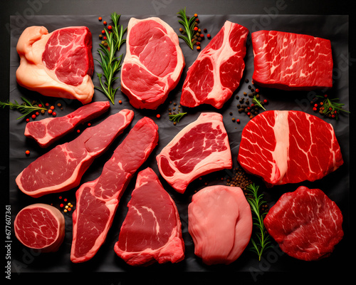 Set of various raw steaks like chateau mignon, t-bonnet, tomahawk, striploin, tenderloin, tenderloin, new york steak.