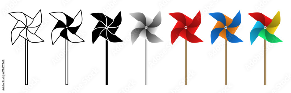 Pinwheel set, spinning toy with wooden stick. Isolated vector ...