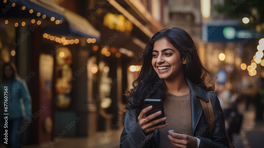 Young smiling Indian woman walking in the city, woman holding a phone
