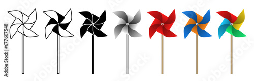 Pinwheel set, spinning toy with wooden stick. Isolated vector illustration on white background