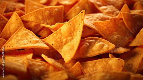 Close-up shot of a pile of baked tortilla chips  golden and crispy  inviting you to enjoy their crunchy texture and savory flavor  a delightful snack for any occasion.