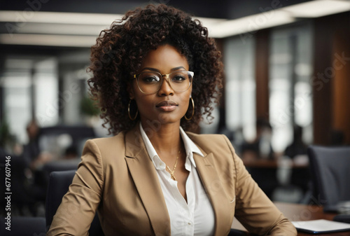 Bella donna di origini africane con capelli ricci in un ufficio moderno con abito elegante e occhiali	
 photo