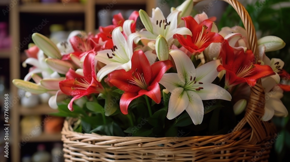 Beautiful colorful lilies in the flower shop, close-up. Mother's Day Concept. Valentine's Day Concept with a Copy Space. Springtime.