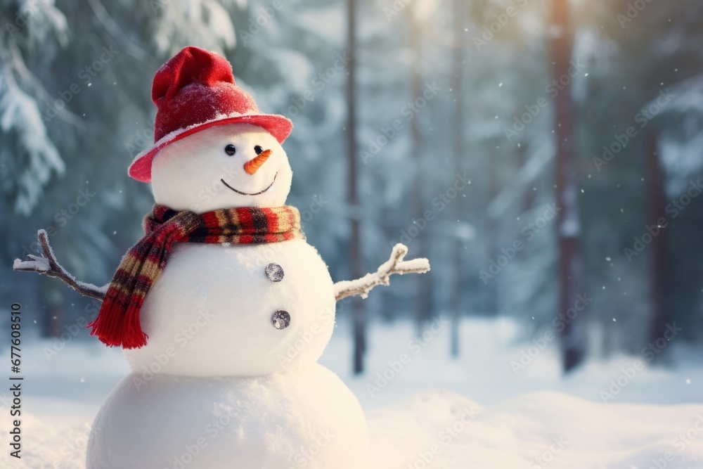 Fototapeta premium A snowman, adorned with a scarf and hat, placed against the enchanting backdrop of a snowy forest landscape, copy space