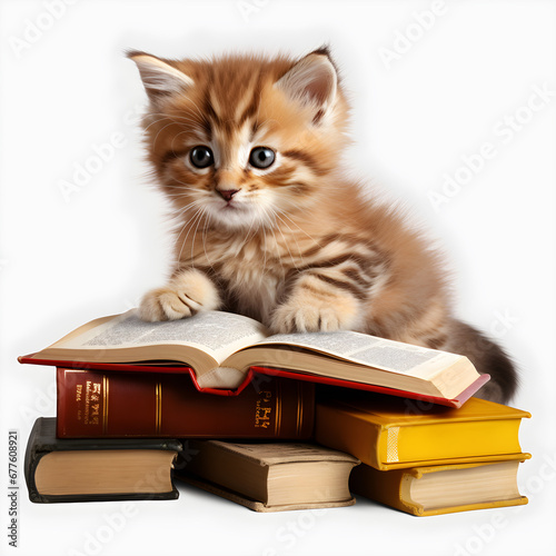 Lovely brown kitten, cat sitting with pile of books on white background, Time to education