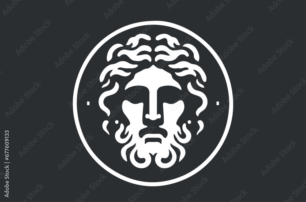 The face of a Greek god. White on black background. Icon, logo, emblem - obrazy, fototapety, plakaty 