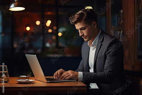 Handsome young businessman working on laptop computer overtime alone at his desk in an office late at night.