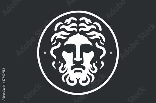 The face of a Greek god. White on black background. Icon, logo, emblem