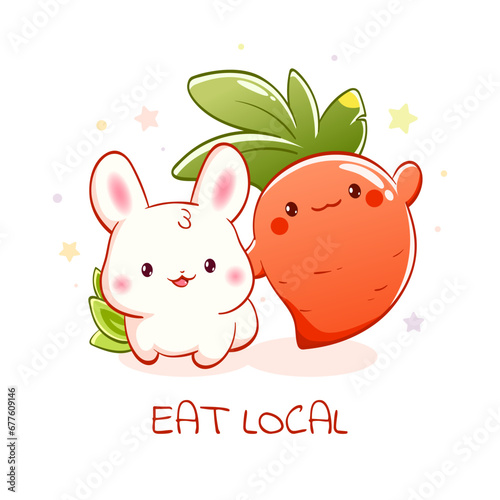 Card with cute little friends - bunny and carrot in kawaii style. Local natural and organic food concept. Inscription Eat Local. Can be used for t-shirt print, sticker, greeting card. Vector EPS10