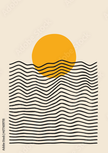 Mid-century abstract contemporary aesthetic background. Orange Wall Art. Black Lines Art. Poster with geometric balance shapes. Abstract Art Design. Vector illustration.