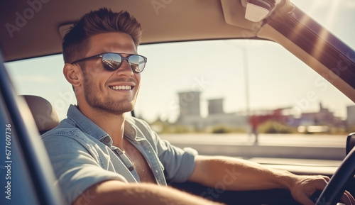 Young handsome man in sunglasses for driving smiling and holding a steering wheel. Enjoying driving a car. Driving courses, car rental, rent-a-car. Car trip at sunset
