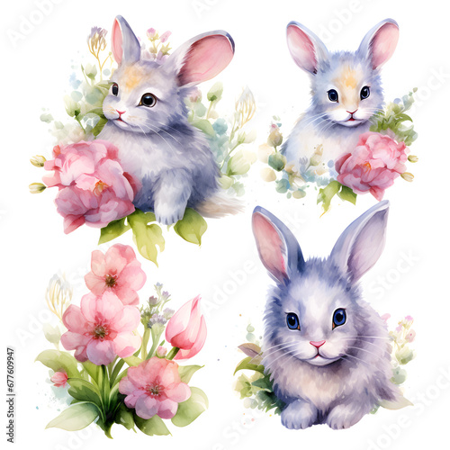 Watercolor cute rabbit in flowers, Rabbit in flower, watercolor in beautiful style on white background.