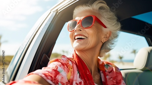 Active Senior Woman smiling and Driving an electric car. Portrait of Elderly Female Driver Holding Steering Wheel and Sitting inside a Car. Active aging concept, retirement activity. Driving courses