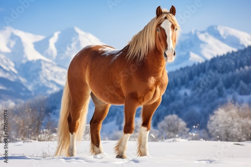 A beautiful horse stands in a snow-covered forest against the backdrop of stunning mountains, winter background