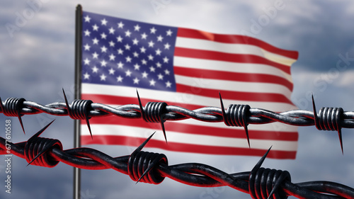 USA flag behind barbed wire. National symbol of USA. State border. Barbed hole is metaphor for border between USA and mexico. Metal cord with spikes to prevent illegal entry. 3d image photo