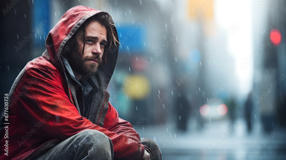 Verlorene Hoffnung: Traurige Obdachlose in der Kälte – Beitragsbild für soziales Bewusstsein - obrazy, fototapety, plakaty 