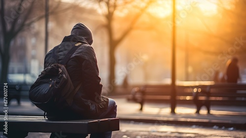 Grauer Alltag: Obdachlose Person in der Kälte der Stadt – Beitragsbild photo