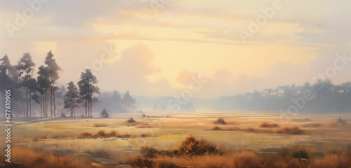 AI illustration of an oil painting on canvas with a landscape of a sun-soaked field photo
