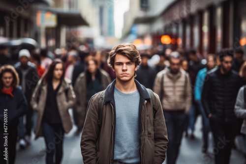 Man traveler walking on crowded streets. Young commuter going to work in a big city.