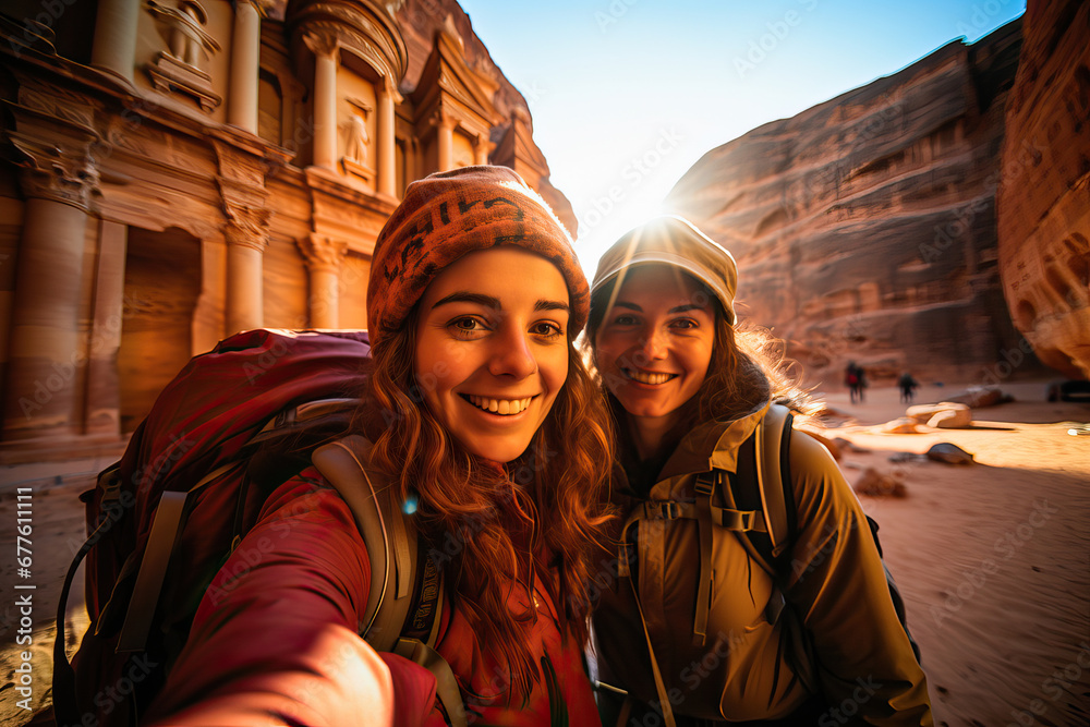 Couple of friends taking a selfie in front of the city of Petra Couple of friends taking a selfie in front of the city of Petra