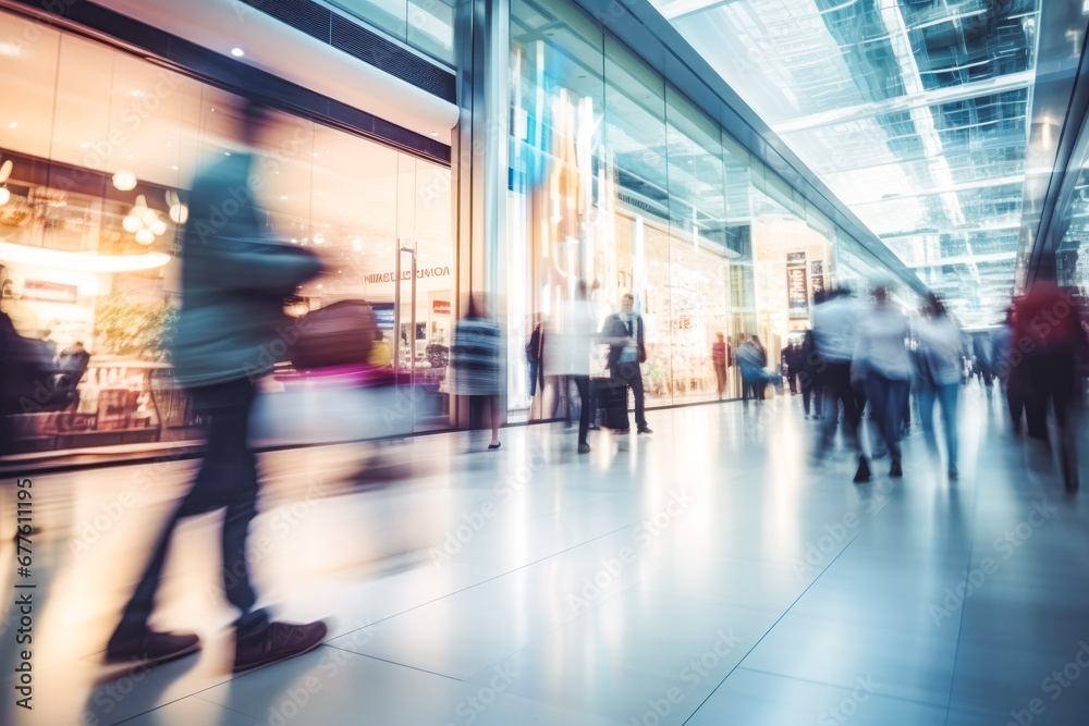 Blurred background of modern shopping mall with some shoppers. Shoppers walking at shopping center, motion blur. Blurred shoppers with shopping bags