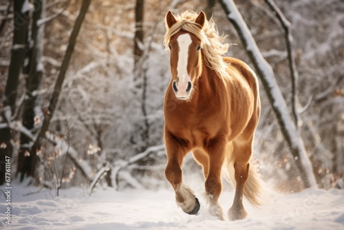 A horse in the snow. A robust equine in a forest blanketed with pristine snow