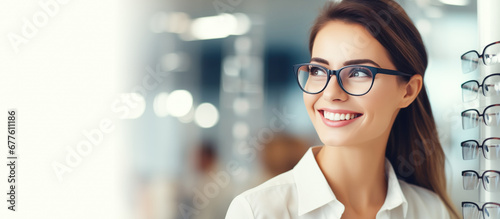 Happy customer with a smile chooses eyeglasses in optics store banner. Eye care. Young pretty woman trying on new glasses. Happy woman buying glasses at optics store web line. Glasses sale, promotion photo