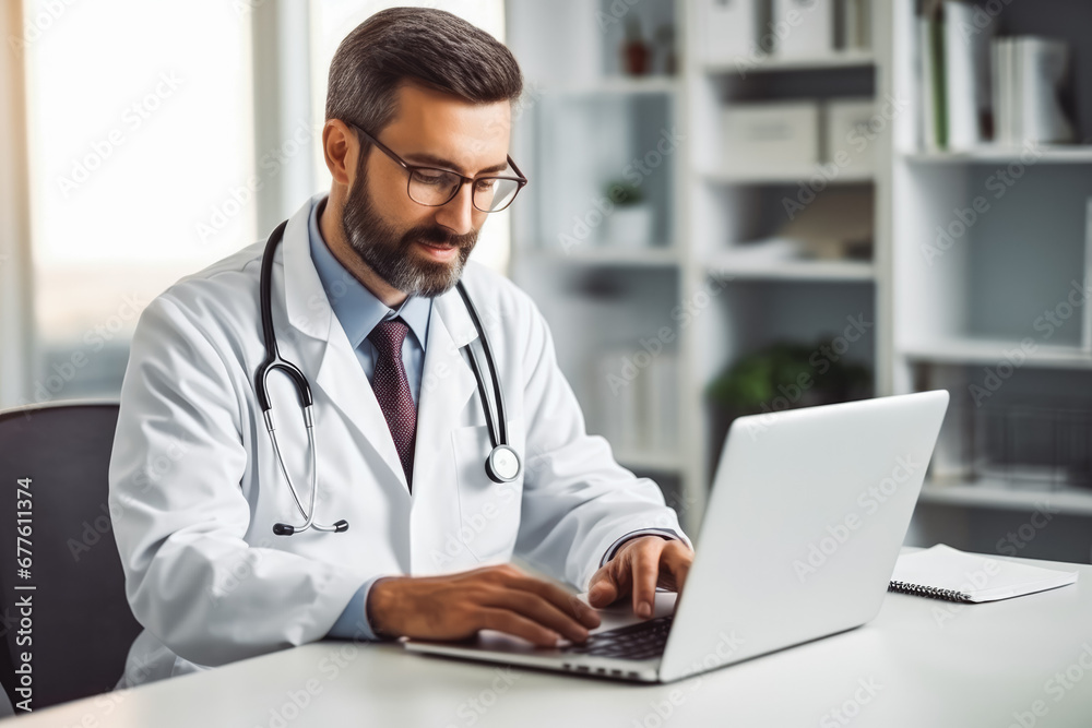 Doctor consults patient online via laptop in hospital using video call. Laptop, office and portrait of doctor typing or working on research. Doctor consults patient online via laptop in hospital using video call. Laptop, office and portrait of doctor typing or working on research.