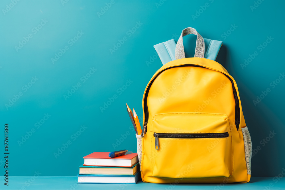 School backpack with books on blue background with space for text. Going to school concept photo. School backpack with books on blue background with space for text. Going to school concept photo.