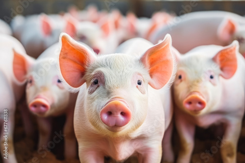 Ecological pigs and piglets at the domestic farm. Cute small pigs on a pig ranch ready to eat. © VisualProduction