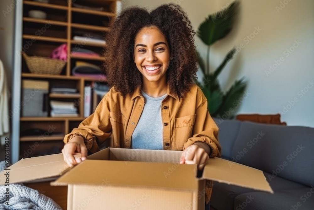 Woman sitting on couch and unpacking delivery box. Good delivery concept unboxing. Online shopping, opening package at home. Woman sitting on couch and unpacking delivery box. Good delivery concept unboxing. Online shopping, opening package at home.