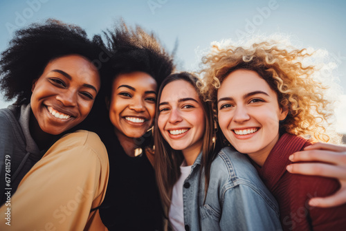 Portrait of Diverse friends having fun together doing selfie outdoor on travel trip. Ethnic diversity, caucasian, asian, black, afro american, latin © VisualProduction
